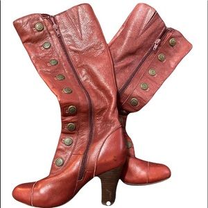 Miz Mooz red leather tall heeled boots with button detail and inner zip.…